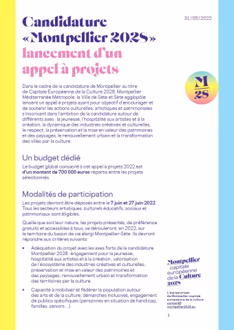 Candidature "Montpellier 2028" lancement d'un appel à projets