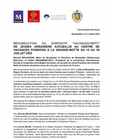 Reconduction du dispositif "Vacances-répit" - De jeunes ukrainiens accueillis au centre de vacances Poséidon à la grande-Motte du 15 au 29 juillet 2023