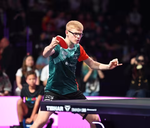 Félix Lebrun lors de son match de finale contre Tomokazu Harimoto à la Sud de France Arena de Montpellier, dimanche 27 octobre. ©Ludovic Séverac - Montpellier 3M